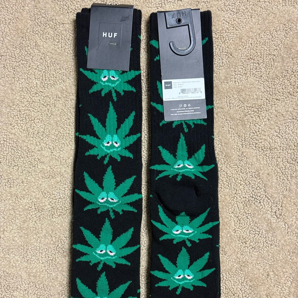 HUF Black Socks with Green Leaf Design